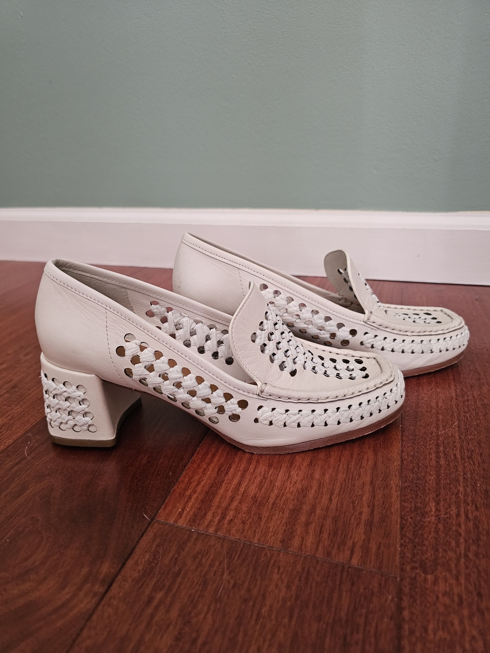 Tory Burch Cream Woven Leather Block Heel Loafers